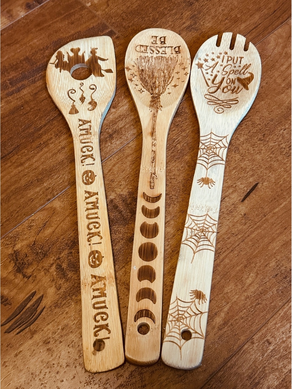Set of 3 Halloween Themed Wooden Cooking Spoons with Engraved Designs